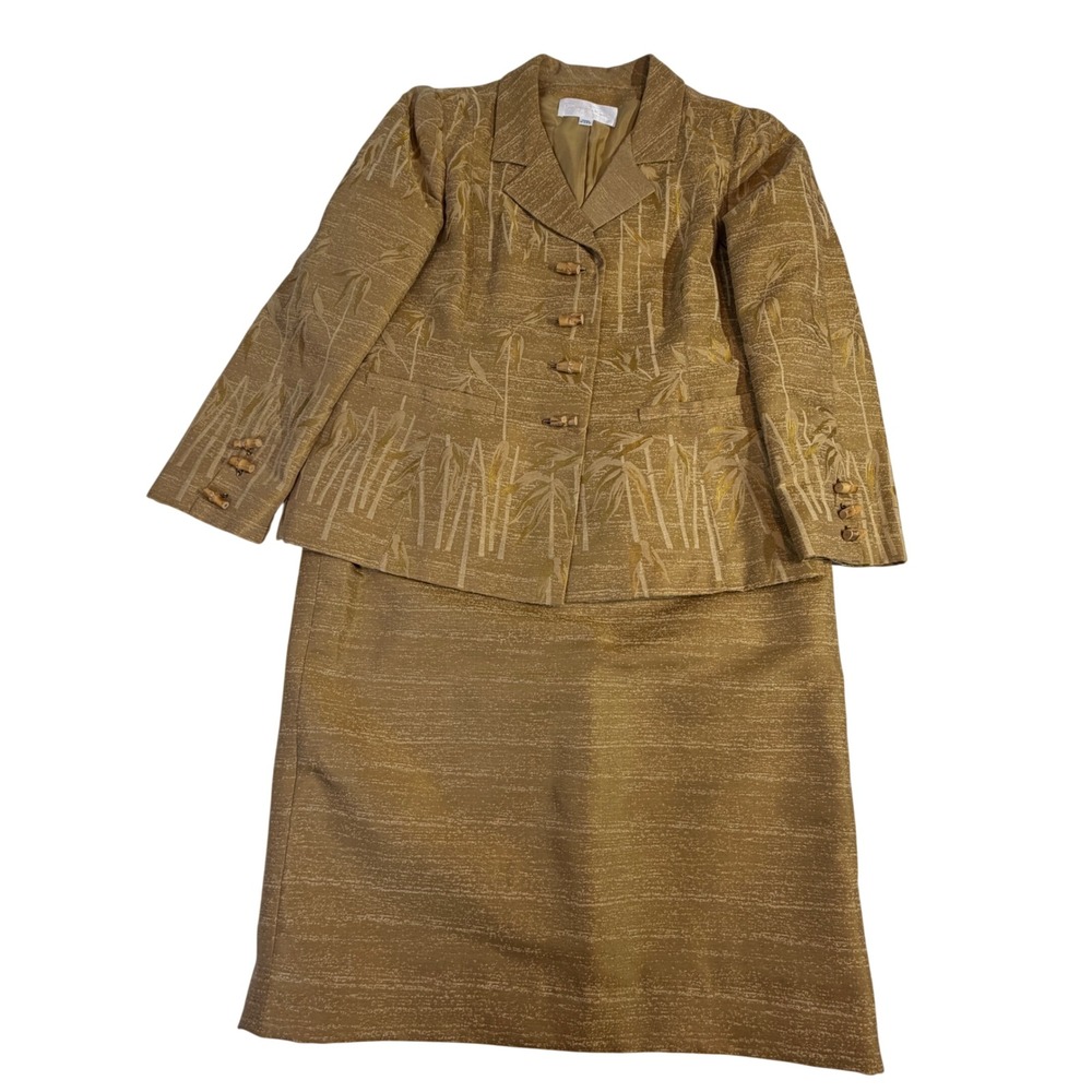 Oscar de la Renta Pink Label Skirt Suit – 14 Gold Bamboo Jacquard USA
